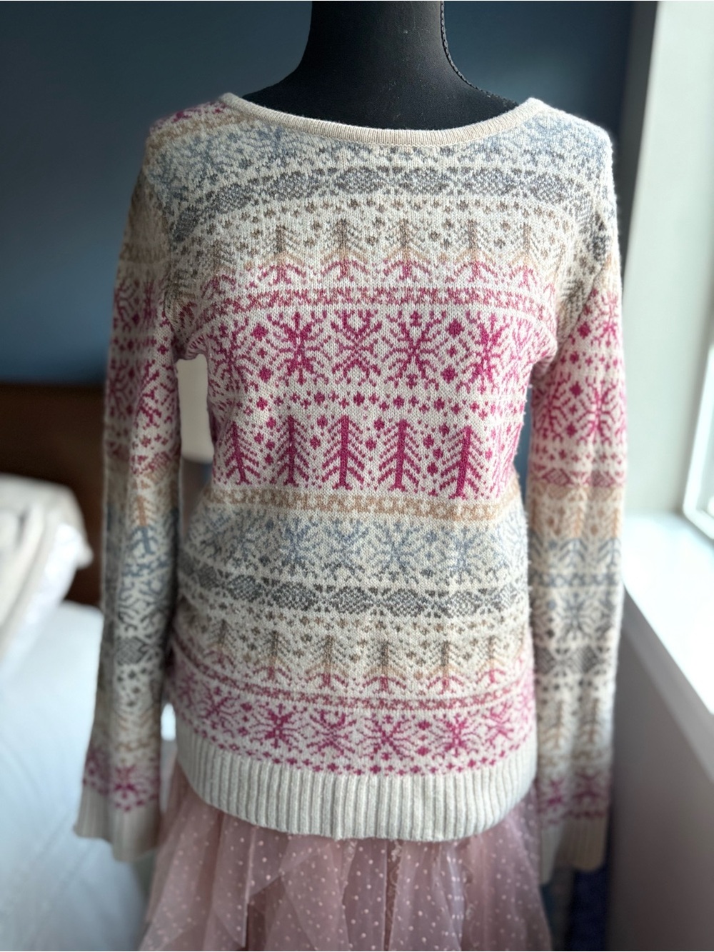 Garnet Hill Cream Fair Isle Crew Neck Longsleeve Sweater Pink Gray Blue Accents